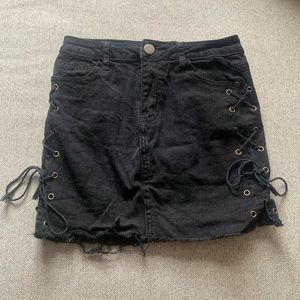 Black Denim Mini Skirt with Lace-Up Sides